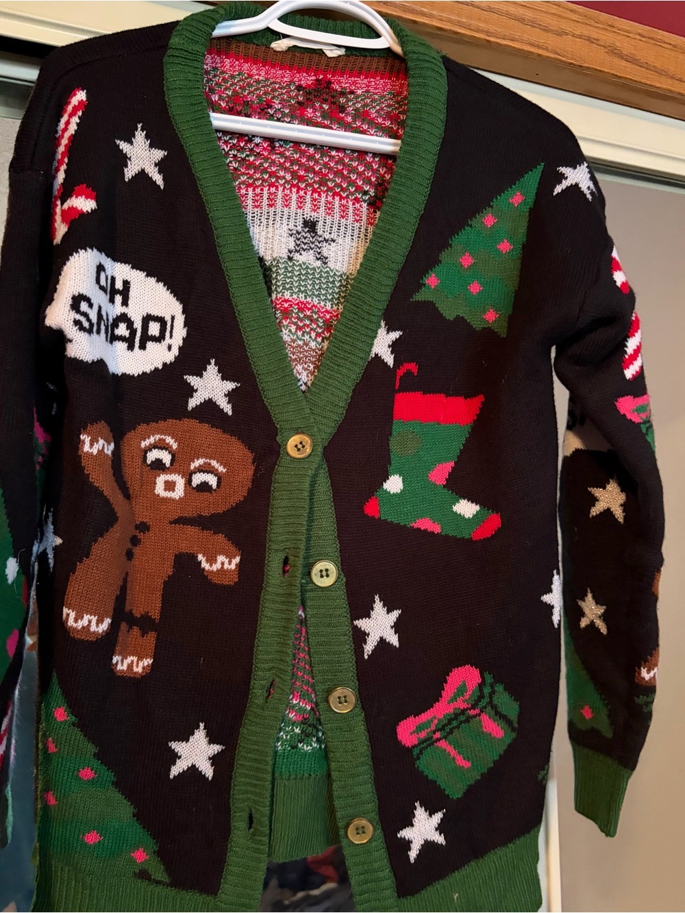 Black Holiday Cardigan with Gingerbread & Stocking Motifs